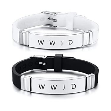 Imagem de ZKXXJ WWJD HWLF Conjunto de pulseiras para homens e mulheres, 2 peças de silicone ajustado de aço inoxidável What Would Jesus Do He Would Love First Bracelets, lembrete religioso inspirador, joia