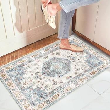 Imagem de Tapete de entrada Boho lavável, 5 cm x 7 cm, azul, branco, bege, pequeno, colorido, vintage, entrada interna, antiderrapante, macio, tapete oriental para cozinha, entrada, quarto, corredores internos