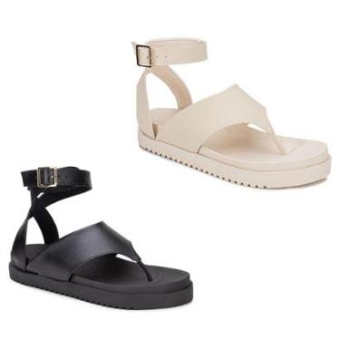 Imagem de Kit 2 Pares Sandália Feminina Luxo Flat Tiras Plataforma Confortável Da Moda Preto e Nude-Feminino