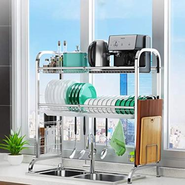 Imagem de Escorredor de louça de 2 níveis sobre a pia, escorredor de pratos de aço inoxidável, com pés antiderrapantes, para balcão de cozinha, organizador de utensílios de cozinha, antiferrugem e economia de