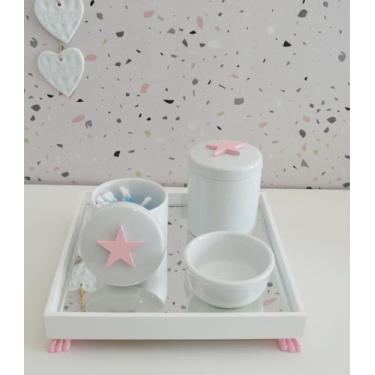 Imagem de Kit Higiene K049 Bandeja MDF Porcelanas Apliques Rosa Quarto Bebê - Ci