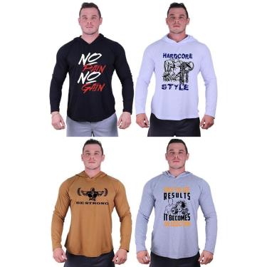 Imagem de Kit 4 Camisetas Manga Longa com Touca Longline Estampada Treino Academia Lazer Casual-Masculino