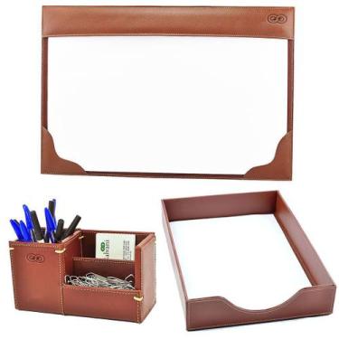 Imagem de Kit Organizador para Escritório LENZI em Couro Galvani, Pinhão