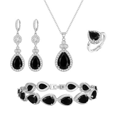 Imagem de Crysdue Colar com pingente de zircônia cúbica de lágrima de casamento com pingente de anel aberto, brincos deslizantes ajustáveis, conjunto de joias para noivas, aniversário, dia das mães, presente de