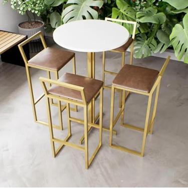 Imagem de Jogo Mesa Alta Bistrô Redonda Branca 4 Banquetas Estofado Confort Industrial Dourado (Marrom)