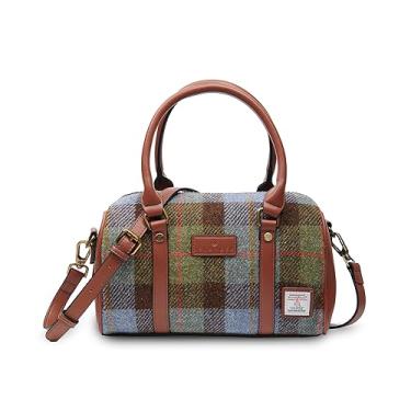 Imagem de Islander Bolsa esportiva média Harris Tweed e couro de microfibra, Castanha e tartã azul, Clássico