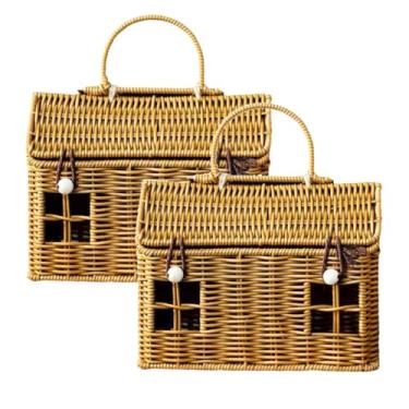 Imagem de Cesta de vime em forma de casa com tampa – Cesta de armazenamento de vime tecida à mão para decoração de casa, piquenique infantil, organizador | Caixa de presente decorativa de tecido marrom