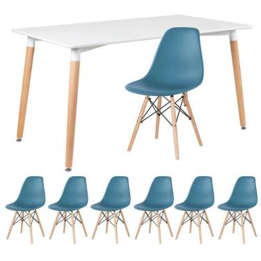 Imagem de Kit - Mesa Retangular Eames 80 X 140 Cm Branco + 6 Cadeiras Dsw Turquesa Mesa Branco Com Cadeiras Turquesa