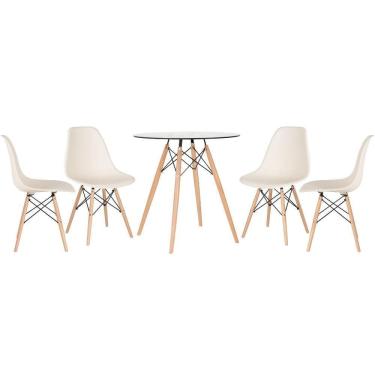 Imagem de Mesa Redonda Eames Com Tampo De Vidro 70 Cm + 4 Cadeiras Eiffel Dsw Creme Creme