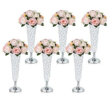 Imagem de Kehail 6 vasos de trompete prateados – Vaso de cristal de metal de 33 cm a granel para flores artificiais, centro de mesa de casamento, decoração de mesa de casa, exibição de arranjo floral falso