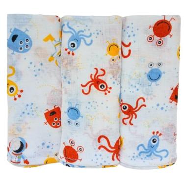 Imagem de Fralda Pano de Ombro Bebe Com Bainha 100% algodão Camada Dupla Enxoval Maternidade Kit 3 Unidades (Monstrinho)