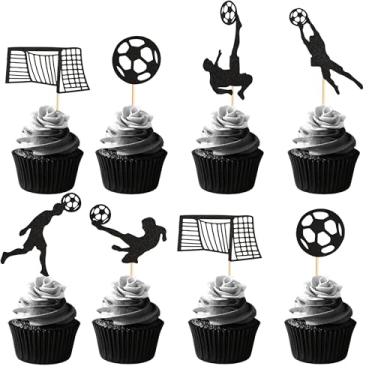 Imagem de Arthsdite 48 peças de topo de cupcake de futebol preto glitter futebol picaretas tema esportivo festa chá de bebê menino homens decoração de bolo de aniversário