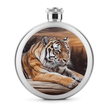 Imagem de Cantil de aço inoxidável, tigre deitado em madeira, impressão de metal, frasco clássico, cantil, garrafa de viagem, garrafa portátil de licor