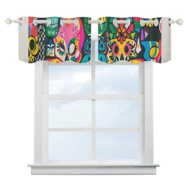 Imagem de Cortina blecaute com estampa de caveiras coloridas para escurecimento de quarto, cortinas de janela curtas, isolamento térmico, para cozinha, sala de jantar, quarto, 2 painéis 132 x 46 cm