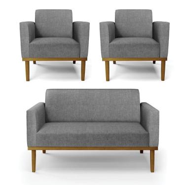 Imagem de Sofá Namoradeira Com 2 Poltronas Base De Madeira Fixa Castanho Marisa Linho Grafite A26 D03 - D?rossi