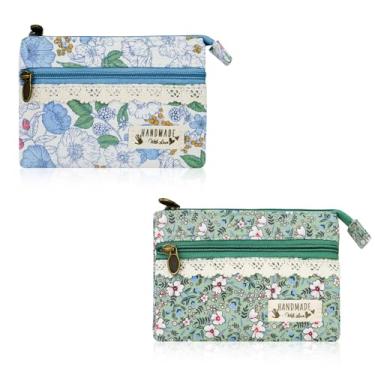 Imagem de FuninCrea 2 porta-moedas para mulheres, bolsa de moedas com estampa floral com 2 bolsos com zíper, bolsa de troca de algodão para guardar chaves de cartão, Verde + azul, 11 x 10.5 x1.7 cm, Estilo