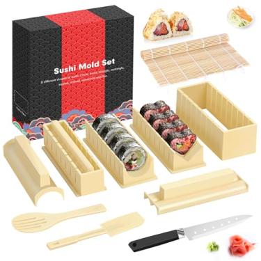 Imagem de HI NINGER Kit para fazer sushi - conjunto completo de sushi com 10 peças de plástico para fazer sushi com 8 formas diferentes de molde de rolo de arroz de sushi, formas de garfo, espátula faça você