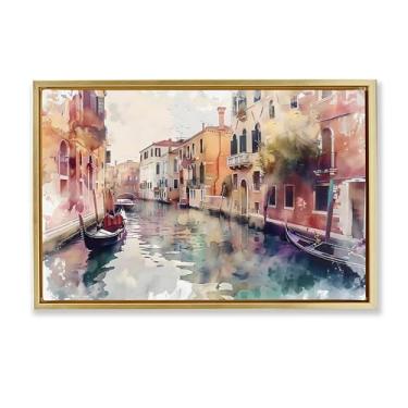 Imagem de Stupell Industries Canal de Veneza Estilo Aquarela Moldura Dourada Tela Flutuante Design de Arte de Parede por LSR Creative Studio, 17 x 25