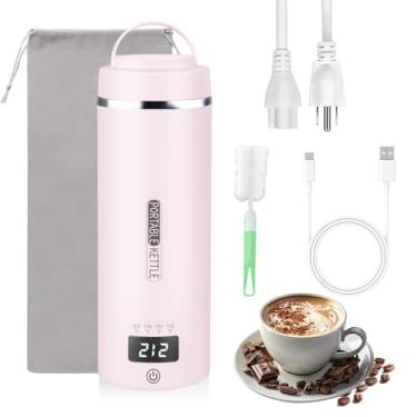 Imagem de Chaleira elétrica portátil com plugue de ebulição e mantém quente via USB, caldeira de água portátil com 4 configurações de temperatura, aço inoxidável 304 com desligamento automático 473 ml (rosa)