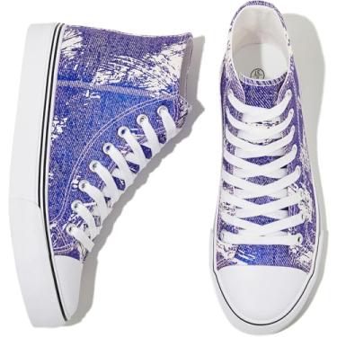 Imagem de kufeiti Tênis feminino de lona de cano alto com cadarço branco preto tênis casual caminhada, Azul, roxo, 36