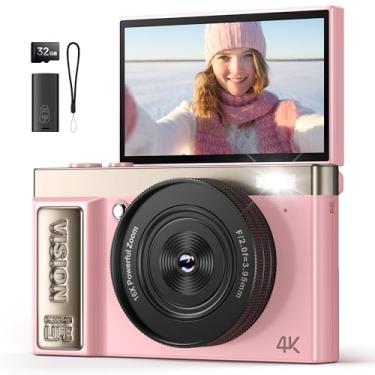 Imagem de Câmera digital 4K rosa para meninas adolescentes: Câmera vlogging de 64 MP com tela flip - Zoom de 16X - Câmera compacta fofa para fotografia e YouTube - Presente estético de apontar e fotografar para