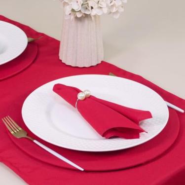 Imagem de Kit Mesa Posta 2 Lugares Caminho de Mesa 130x40cm 2 Sousplats 35cm 2 Guardanapos 35x35cm 2 Anéis Porta-Guardanapo com Pérolas (Vermelho e Prata)
