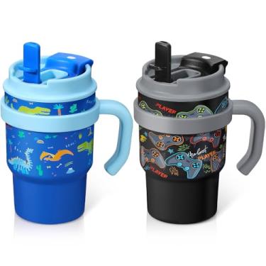 Imagem de Copo infantil isolado de 382 g com canudo, pacote com 2 garrafas de água isoladas de aço inoxidável de parede dupla com tampas 2 em 1, garrafa de água à prova de vazamento para escola (Dinasour+