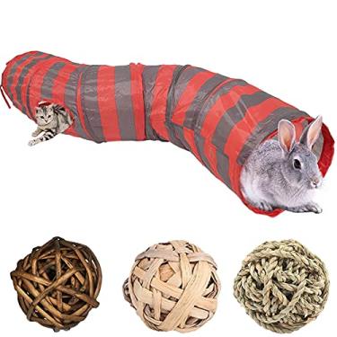 Imagem de Tfwadmx Túneis e tubos de coelho, esconderijo dobrável para animais pequenos, brinquedos de mastigar com 3 bolas de grama para chinchilas, furões, porquinhos-da-índia, gerbos, hamsters e ratos