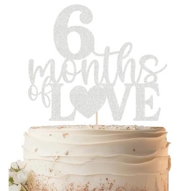 Imagem de EONNCNT Topo de bolo 6 Meses de Amor - Materiais de decoração de bolo de meio aniversário com glitter prateado para chá de bebê, revelação de gênero ou adereços de cabine de fotos de festa de