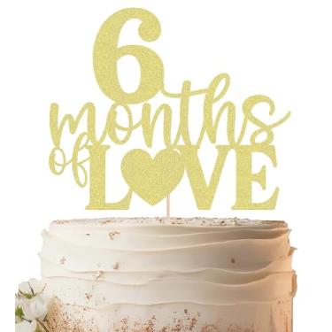 Imagem de EONNCNT Topo de bolo 6 Meses de Amor - Materiais de decoração de bolo de meio aniversário com glitter dourado para chá de bebê, revelação de gênero ou adereços de cabine de fotos de festa de