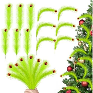 Imagem de Enfeites de decoração de árvore de Natal, 12 peças de palitos de árvore de Natal verde limão com bola vermelha, hastes verdes artificiais de Natal para decoração de guirlanda de casa