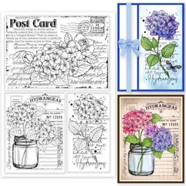 Imagem de 1 folha de carimbos de plástico de PVC, estampa de plantas, carimbo transparente reutilizável de hortênsias de fundo para álbum de fotos faça você mesmo, álbum de fotos decorativo, 16 x 11 cm