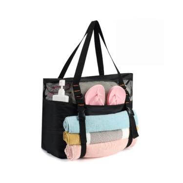 Imagem de KOKKOYA Bolsa de praia grande de malha preta 40L com zíper duplo e suporte de toalha com zíper inferior à prova de areia à prova d'água, Azul festivo, preto, marrom seixo, Reef Black
