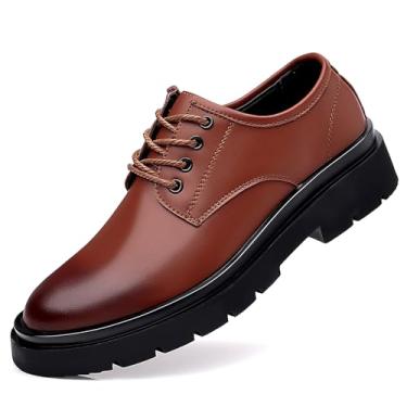 Imagem de Sapato social masculino vintage de couro com cadarço plataforma Oxfords preto bico redondo sola de borracha macia antiderrapante à prova d'água negócios formal Derby sapatos sociais, Marrom, 41
