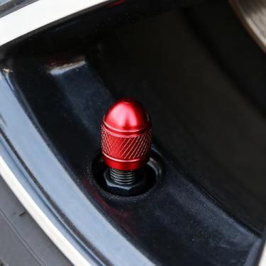 Imagem de 5 peças de tampas de válvula de pneu estilo bala de alumínio vermelho, tampas universais de haste de válvula Schrader para carros, caminhões, SUVs, motocicletas e bicicletas – à prova de poeira, à