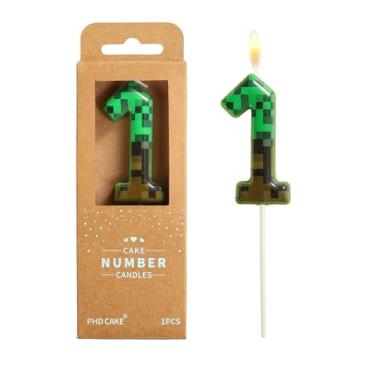 Imagem de PHD CAKE Velas de aniversário número 1 pixel, velas verdes com número de mineiro, velas com número de bolo, celebração de festa, vela estilo