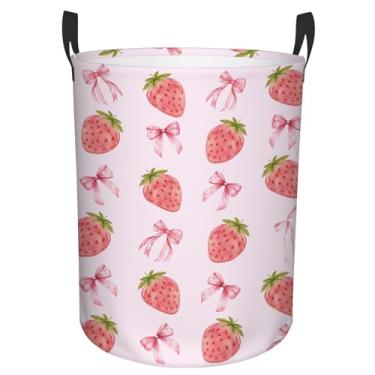 Imagem de PIUFAM Cesto de roupa suja de morango, cesto de roupa à prova d'água para quarto, cesto de armazenamento redondo dobrável de 43 L com alças para brinquedos, cesta de armazenamento para meninos e