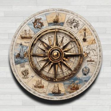 Imagem de Bússola ornamentada cercada por cenas náuticas vintage placa de parede redonda de alumínio rústico, sem relógio real, presentes internos e externos de 20 cm e decoração para casa, escritório, café e