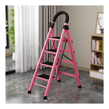 Imagem de Escadas dobráveis com 4 degraus escada com corrimãos e mini prateleira de ferramentas escada de metal portátil para interior e exterior 150 kg classificação de peso escada resistente (cor: 1 peça