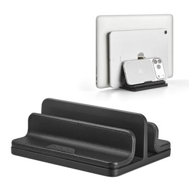 Imagem de Suporte vertical duplo para laptop, suporte vertical 3 em 1 com base ajustável (até 43 cm), organizador de mesa de armazenamento de laptop de couro para celular, tablet, MacBook/HP/Dell/Chrome Book