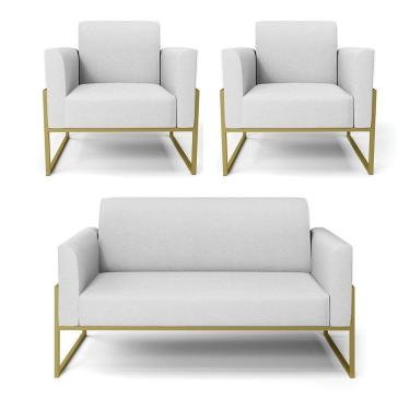 Imagem de Sofá Namoradeira Com 2 Poltronas Base Industrial Alta Dourado Marisa Linho D03 - D\'rossi Cor A05 Cinza