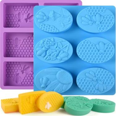 Imagem de Pacote com 2 6 moldes de sabão de silicone de abelha retangulares ovais moldes de silicone em forma de favo de mel moldes feitos à mão para suprimentos de fabricação de sabão, faça você mesmo, cera de