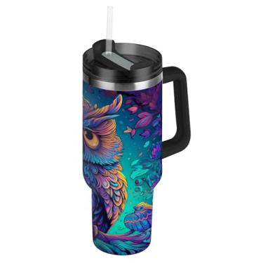 Imagem de ATTX Copo de coruja neon de 1,134 g com alça, copo de aço inoxidável a vácuo de parede dupla com palha, caneca de café de viagem isolada #578