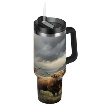 Imagem de SEHANY Copo Highland Cow 1,134 g com tampa e canudo, aço inoxidável de vácuo duplo isolado garrafa de água esportiva suporte para copo de café de viagem à prova de vazamento para bebida gelada