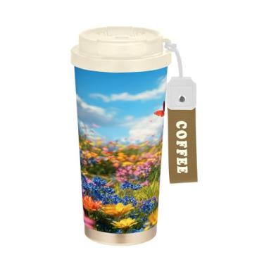 Imagem de SEHANY Caneca de viagem colorida de ervas silvestres de 500 ml Copos de café reutilizáveis revestidos de cerâmica com tampa à prova de vazamento, parede dupla, isolamento a vácuo, copo de café de aço