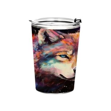 Imagem de Blueangle Copo de 340 g com tampa e canudo, copo de café com água isolada a vácuo de aço inoxidável, caneca de viagem de lobo colorido, copo térmico para bebidas quentes e frias (996)