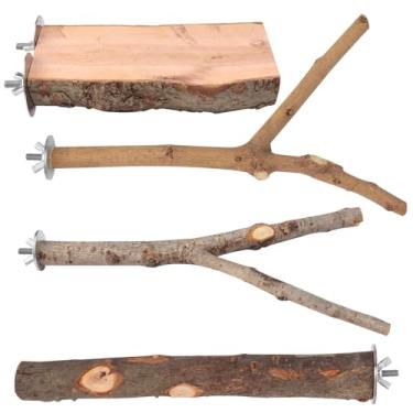 Imagem de BILLIOTEAM Pacote com 4 suportes de poleiro de madeira natural para pássaros com plataforma espaçosa, galhos grossos e longos, acessórios de gaiola de papagaio grande para cinza africano, araras