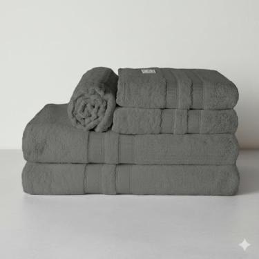 Imagem de Kit Toalha de Banho e Rosto 5 Pçs 100% Algodão 480 g/m2 Fio Duplos - Barra Dupla Decoratica, Luxo, maciez e alta absorção - Granito