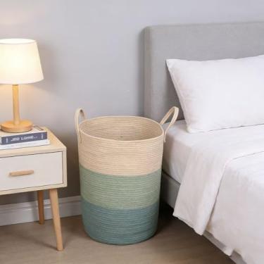 Imagem de Cesto de lavanderia, cesto de roupa suja de corda de algodão tecido, 60 L para decoração de armazenamento de roupas sujas, brinquedos e cobertores no banheiro, quarto de bebê e sala de estar (verde e