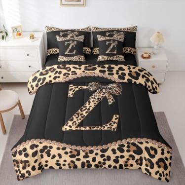 Imagem de Conjunto de edredom solteiro com laço de chita africana com lençol para mulheres, meninas e adultos - Conjunto de cama com letra Z do alfabeto com estampa de leopardo em uma bolsa, moderno, moderno